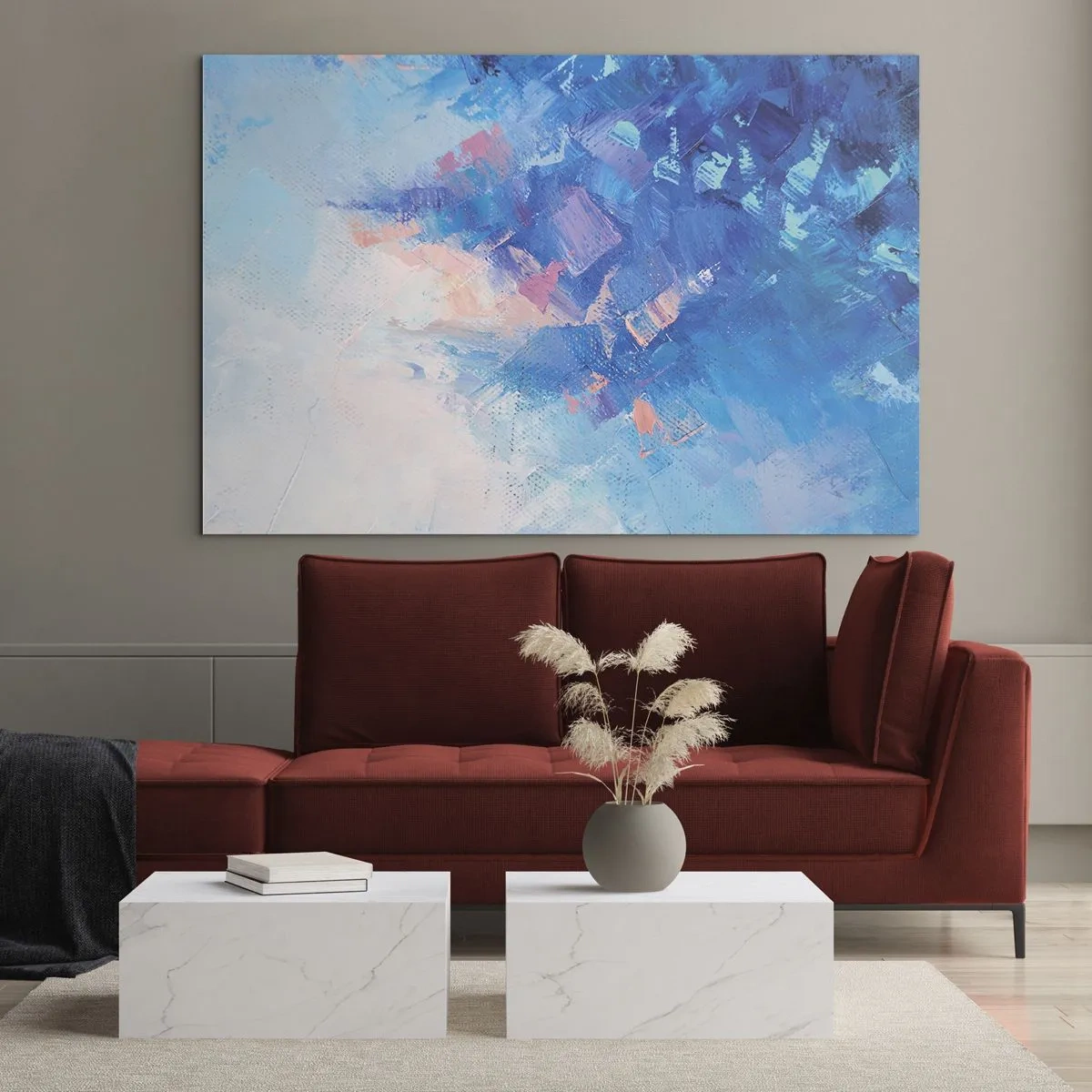 Obraz na skle - Abstraktná zimná krajina s chladnými modrými a jemnými ružovými odtieňmi - 70x50cm - Zimná abstrakcia - Moderná nástenná dekorácia do obývacej izby a spálne ARTTOR