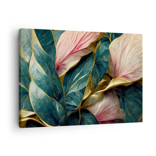 Obraz na plátne - Elegantné listy v zelenej, zlatej a ružovej farbe - 70x50cm - Prirodzená elegancia a štýl - Moderná nástenná dekorácia do obývacej izby a spálne ARTTOR