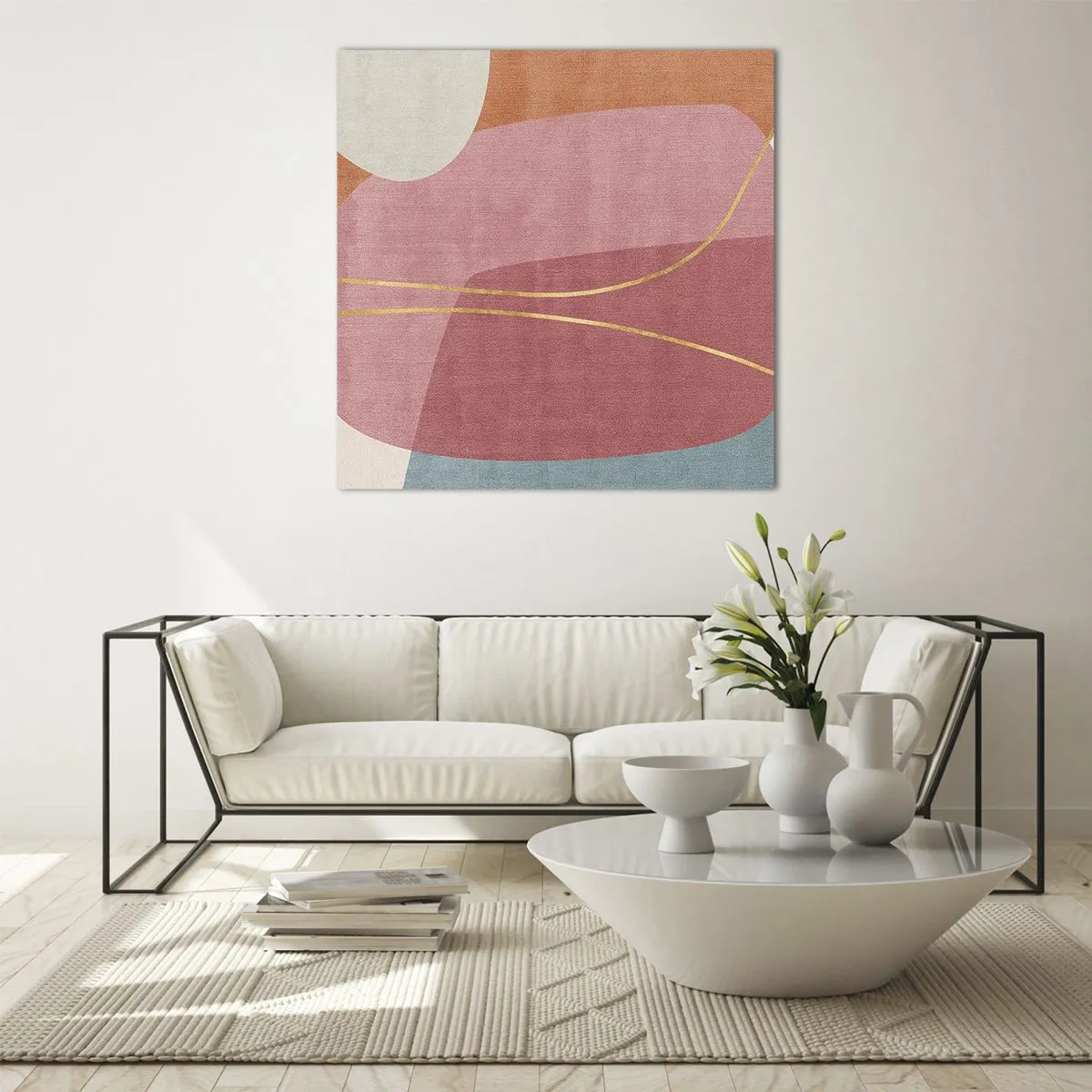 Obraz na skle - Pastelová kompozícia so zlatou niťou - 60x60 cm