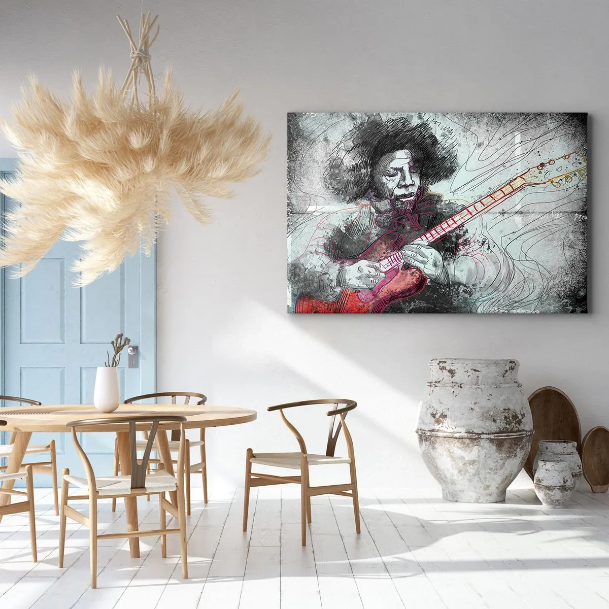 Obraz na plátne - Umelecký portrét gitaristu technikou skice - 70x50cm - Na vlnách hudby - Moderná nástenná dekorácia do obývacej izby a spálne ARTTOR