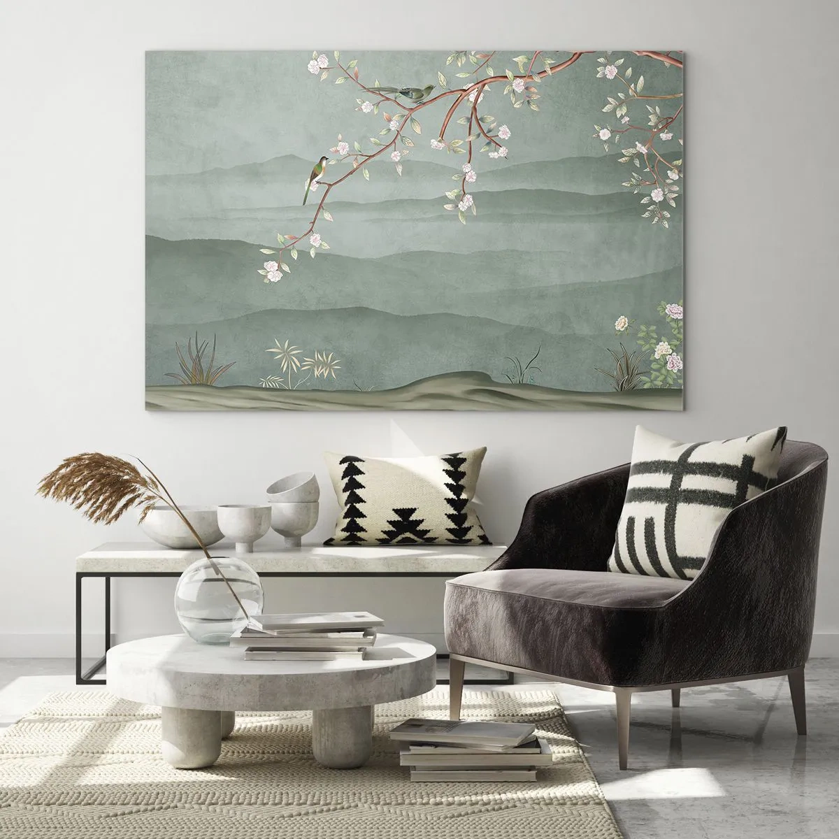 Obraz na skle - Konár s kvetmi a vtákmi na pozadí zelených kopcov - 70x50cm - Jar je tu - Moderná nástenná dekorácia do obývacej izby a spálne ARTTOR