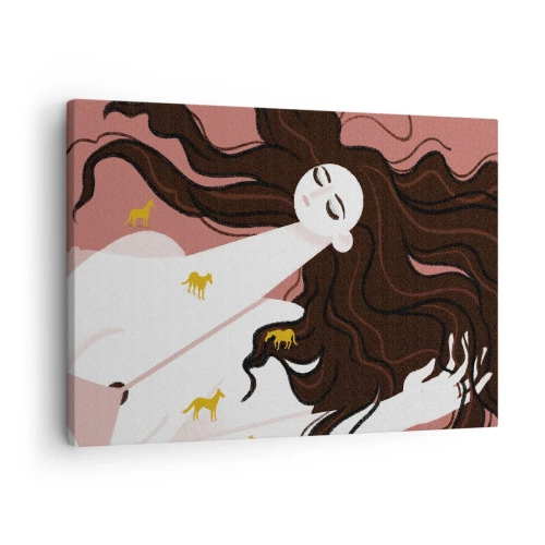Obraz na plátne - Postava so zatvorenými očami obklopená zlatými koňmi - 70x50cm - Sen o zlatom koni - Moderná nástenná dekorácia do obývacej izby a spálne ARTTOR