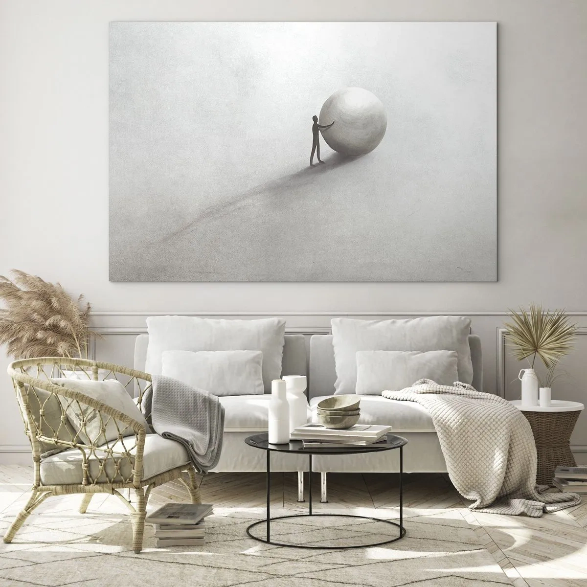 Obraz na skle - Minimalistická silueta muža s veľkou loptou na svetlom pozadí. - 70x50cm - Hra života - Moderná nástenná dekorácia do obývacej izby a spálne ARTTOR