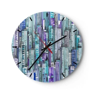Nástenné hodiny - Grafické mrakodrapy v odtieňoch modrej a fialovej - 30x30cm - Zmodralé od neba  - Moderná nástenná dekorácia do obývacej izby, kuchyne a spálne ARTTOR