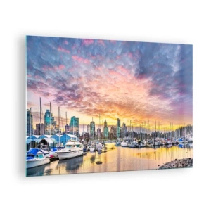 Obraz na skle - Západ slnka nad prístavom s loďami a mrakodrapmi - 70x50cm - Mesto tisíca námorníkov - Moderná nástenná dekorácia do obývacej izby a spálne ARTTOR