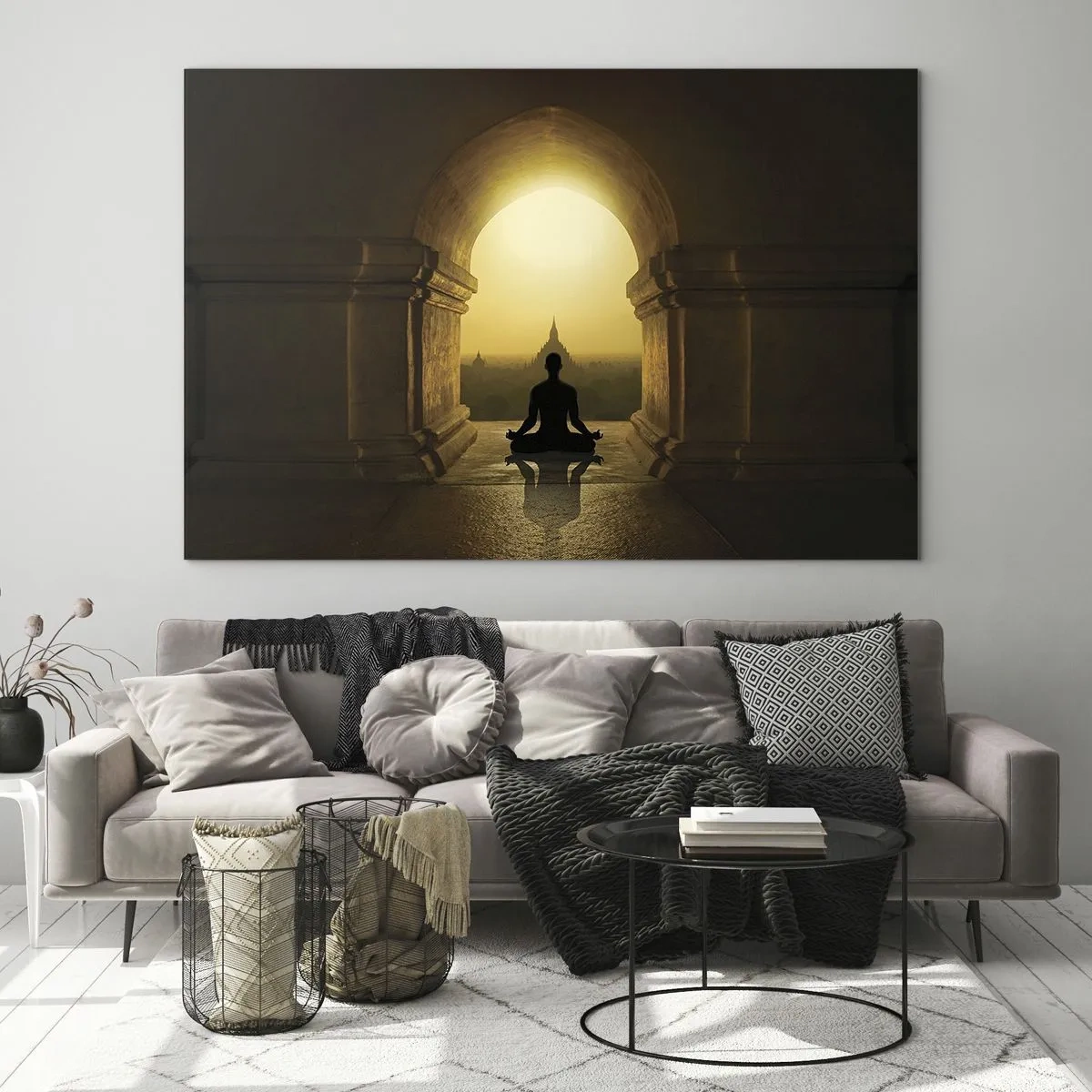Obraz na skle - Silueta meditujúcej osoby vo svetle zapadajúceho slnka v architektonickom oblúku - 70x50cm - Plná harmónia - Moderná nástenná dekorácia do obývacej izby a spálne ARTTOR