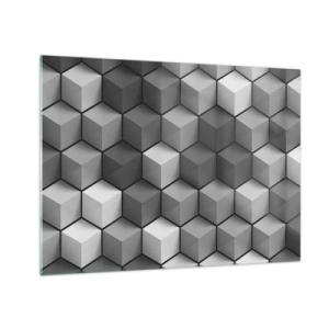 Obraz na skle - Geometrické kocky v odtieňoch sivej - 70x50cm - Kubistické puzzle - Moderná nástenná dekorácia do obývacej izby a spálne ARTTOR