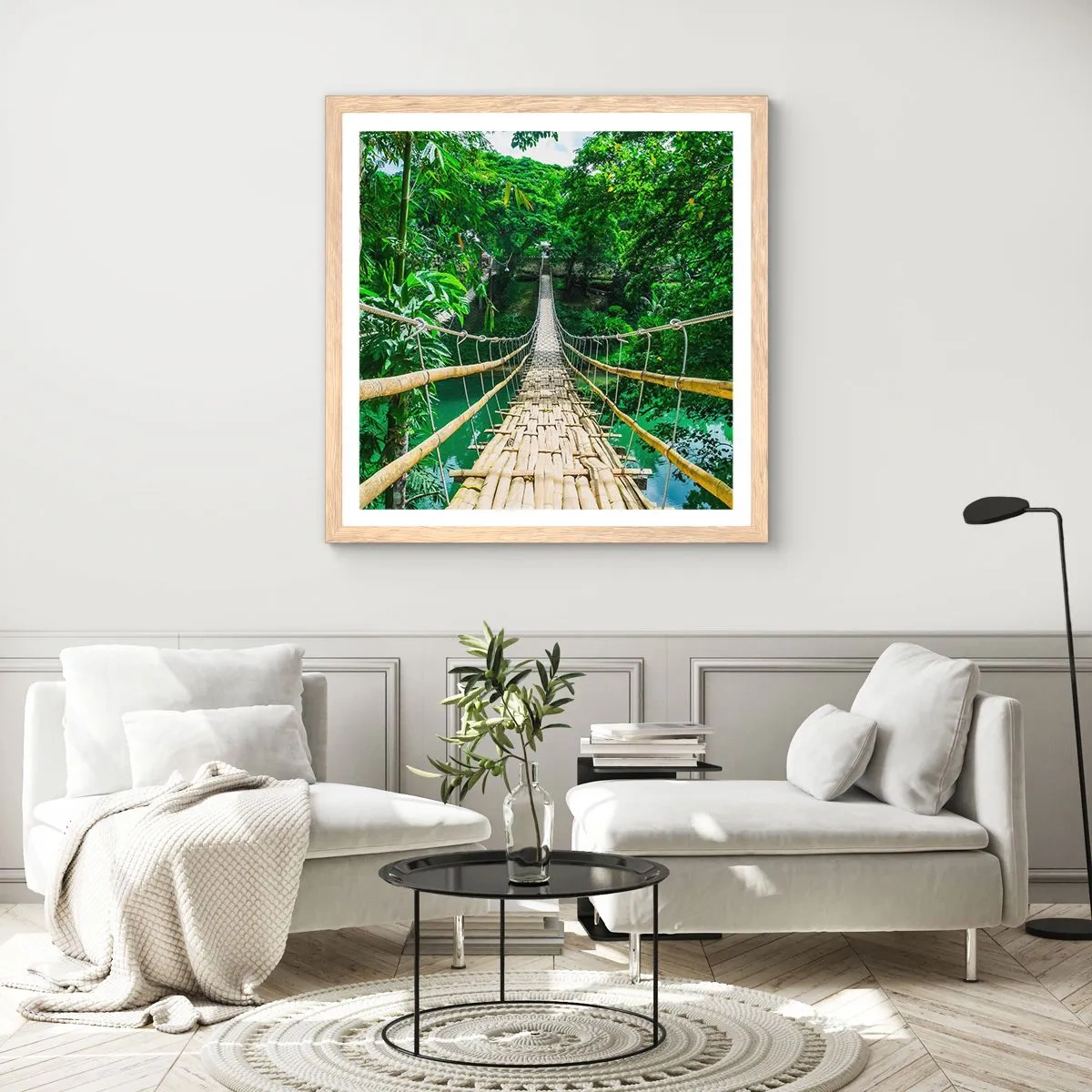 Plagát v ráme zo svetlého duba - Opičí most nad zeleňou - 50x50 cm