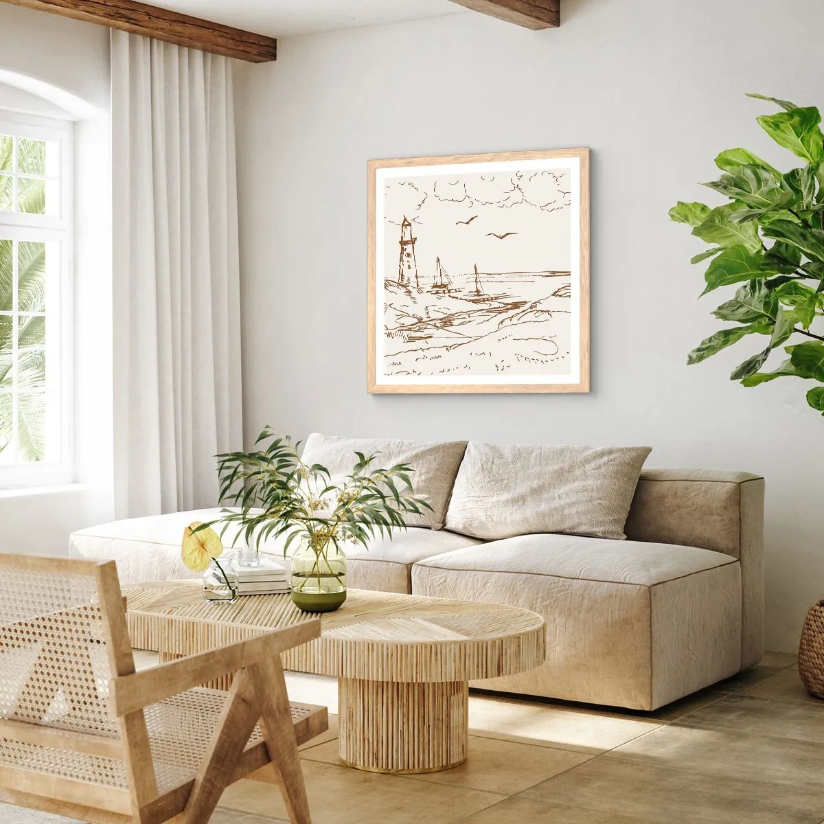 Plagát v ráme zo svetlého duba - Náčrt letných spomienok - 30x30 cm