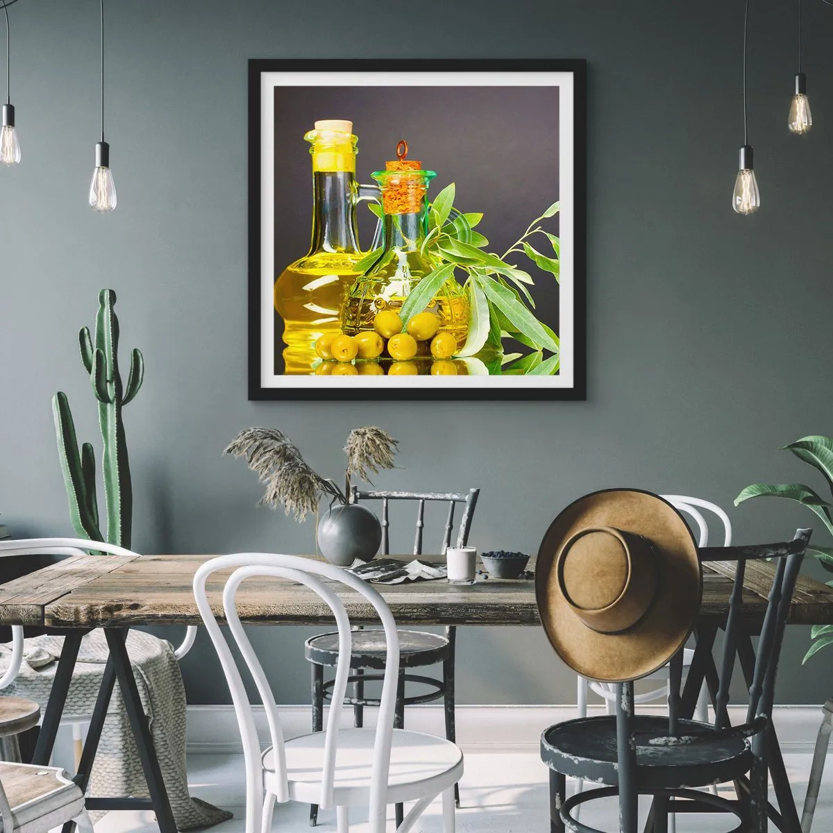 Plagát v čiernom ráme - Zátišie s olivami a olejom - 50x50 cm