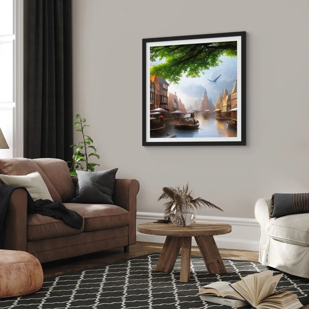 Plagát v čiernom ráme - Holandská mestská krajinka - 50x50 cm