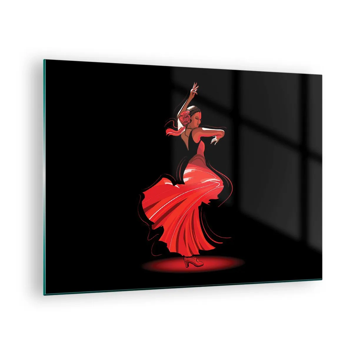 Obraz na skle - Flamenco tanečnica v červených šatách na čiernom pozadí - 70x50cm - Horúca duša flamenco - Moderná nástenná dekorácia do obývacej izby a spálne ARTTOR