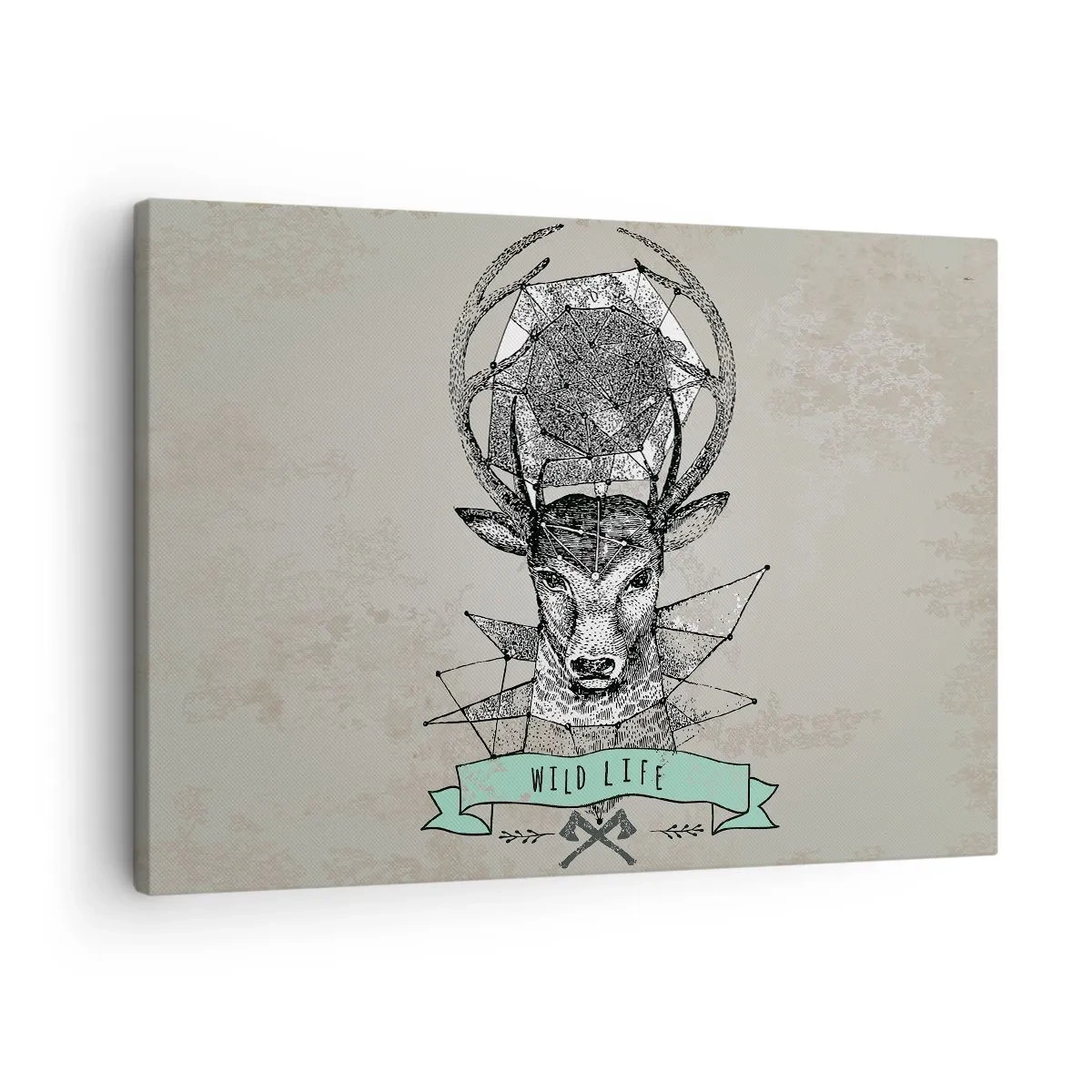 Obraz na plátne - Geometria jeleňa vo vintage štýle s nápisom Wild Life - 70x50cm - Videnie sv. Huberta - Moderná nástenná dekorácia do obývacej izby a spálne ARTTOR