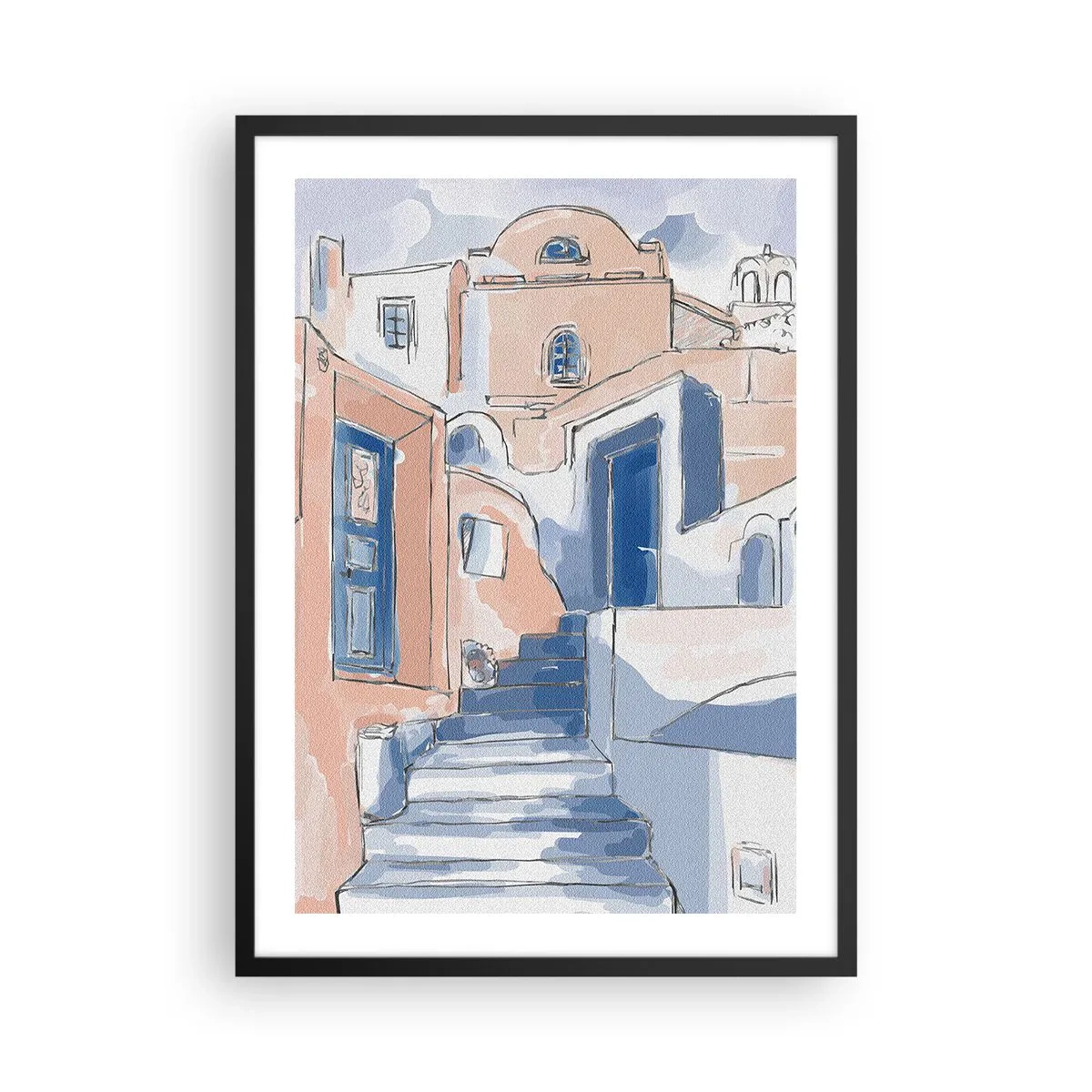 Plagát v čiernom ráme - Malebná ulica v stredomorskom štýle v odtieňoch modrej - 50x70cm - Exotické mesto - Moderná nástenná dekorácia do obývacej izby a spálne ARTTOR