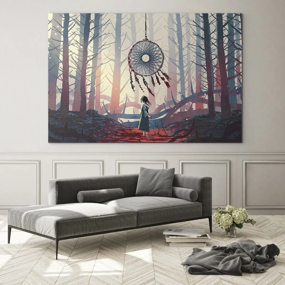 Obraz na skle - Postava v lese sa pozerá na veľký lapač snov vznášajúci sa vo vzduchu. - 70x50cm - Tajný rituál šťastia - Moderná nástenná dekorácia do obývacej izby a spálne ARTTOR
