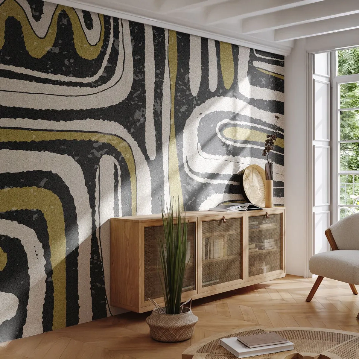 Fototapeta Standard Eco - Čierno-zlatá abstrakcia pripomínajúca mestské ulice - 100x70cm - Kompozícia: trakty a uličky - Moderná nástenná dekorácia do obývacej izby a spálne ARTTOR