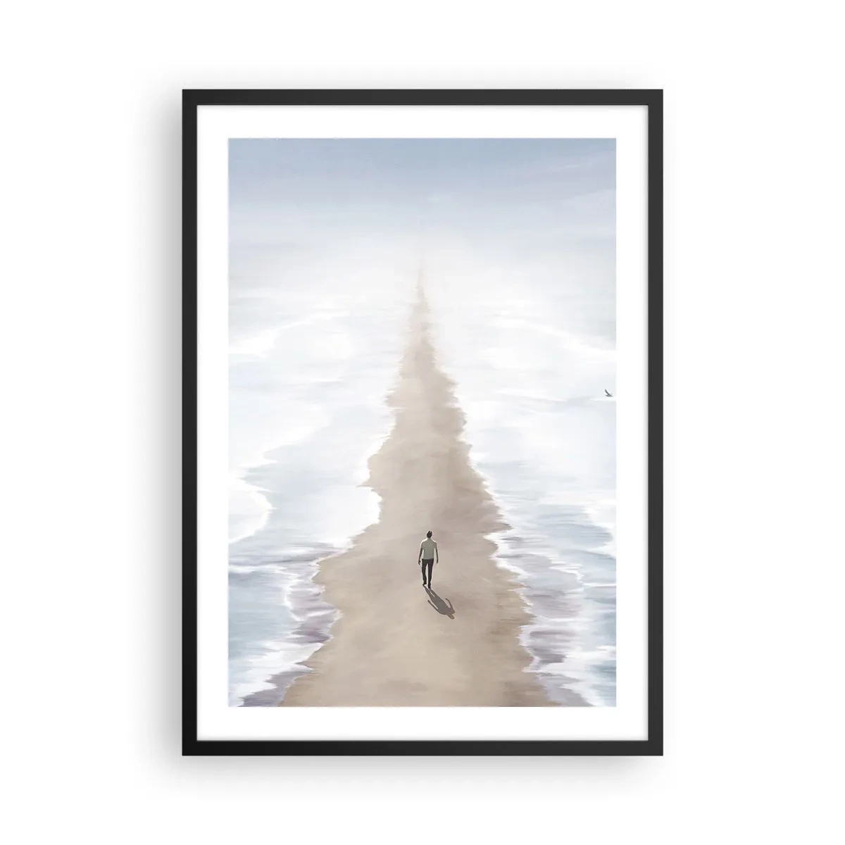 Plagát v čiernom ráme - Postava kráča osamotene po ceste uprostred pokojných vôd. - 50x70cm - Svetlá budúcnosť - Moderná nástenná dekorácia do obývacej izby a spálne ARTTOR
