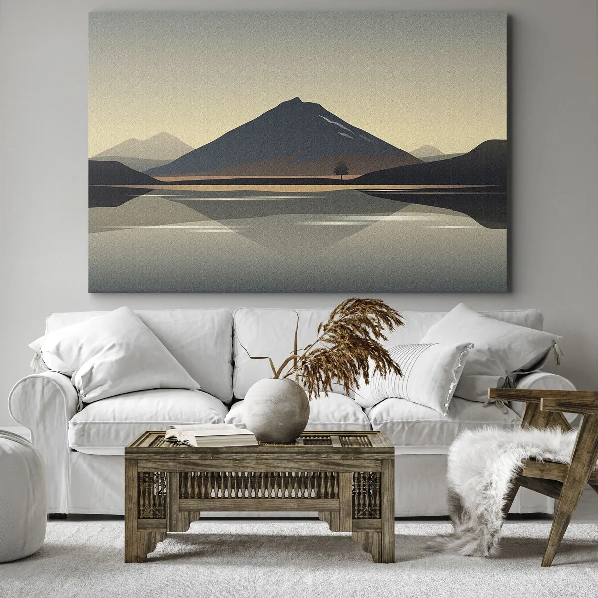 Obraz na plátne - Minimalistická horská krajina s odrazom vo vode - 70x50cm - Zrkadlový odraz - Moderná nástenná dekorácia do obývacej izby a spálne ARTTOR