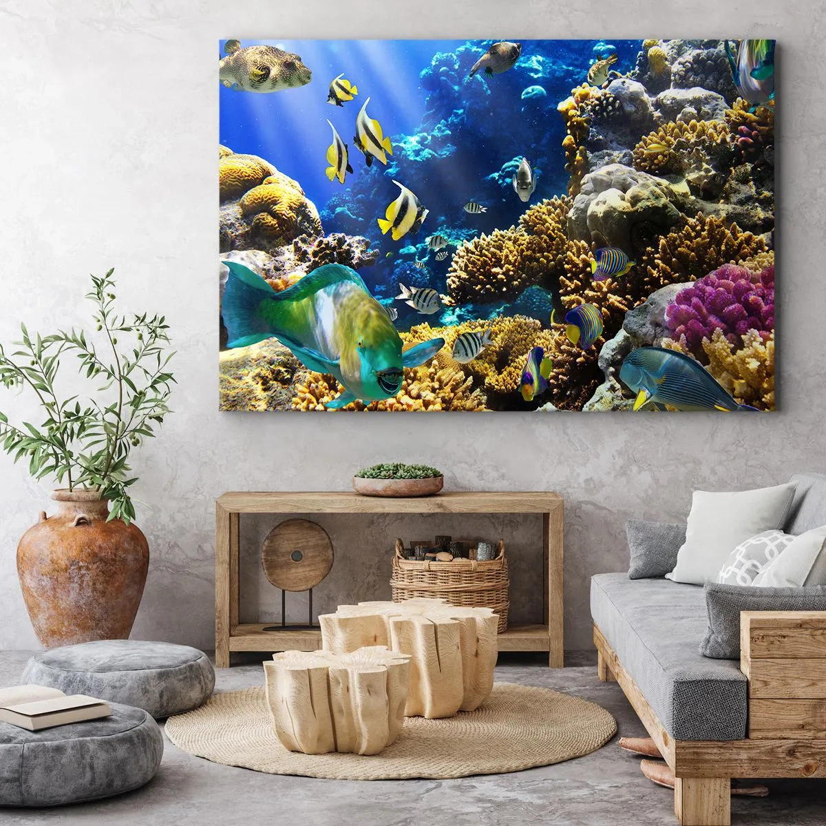 Obraz na plátne - Farebný koralový útes s tropickými rybami v hlbinách oceánu. - 70x50cm - Veľká prevádzka na prázdninovom chodníku - Moderná nástenná dekorácia do obývacej izby a spálne ARTTOR