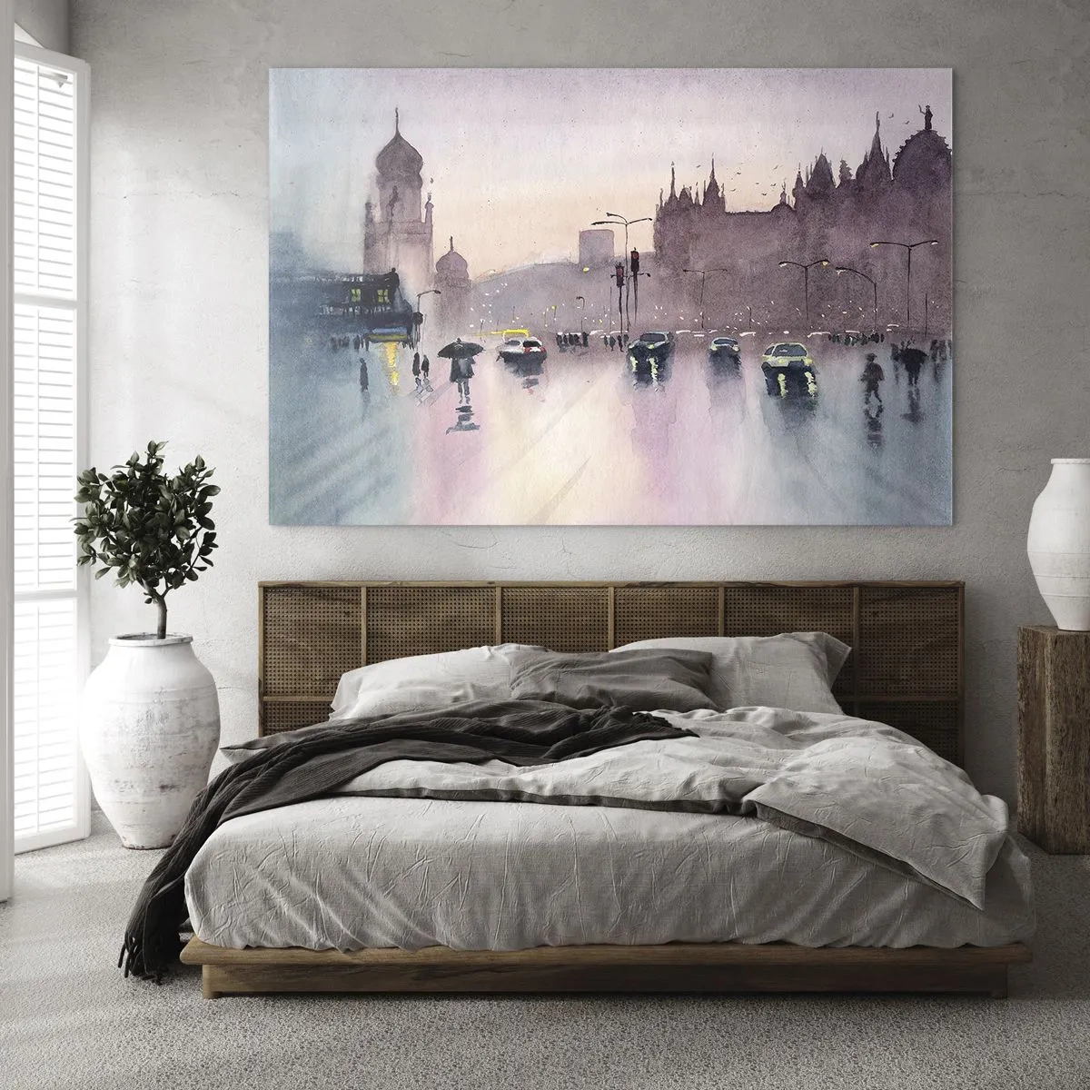 Obraz na skle - Daždivá panoráma mesta - 70x50cm - V daždivom opare - Moderná nástenná dekorácia do obývacej izby a spálne ARTTOR