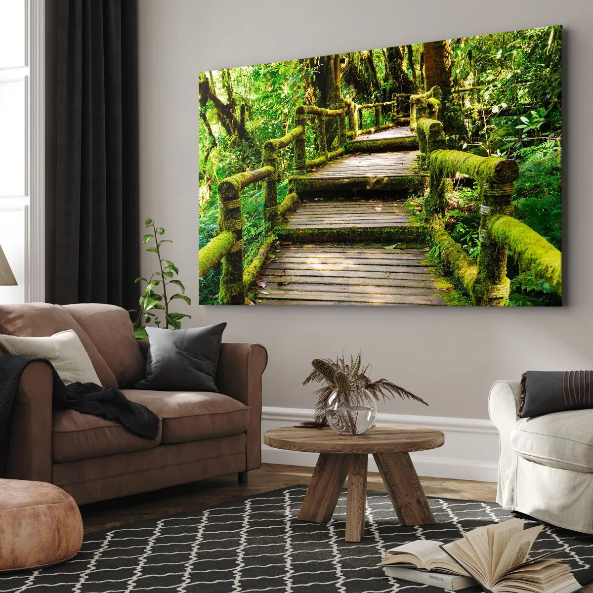 Obraz na plátne - Drevený most pokrytý machom v tropickom dažďovom pralese - 70x50cm - Chodbou zelene - Moderná nástenná dekorácia do obývacej izby a spálne ARTTOR