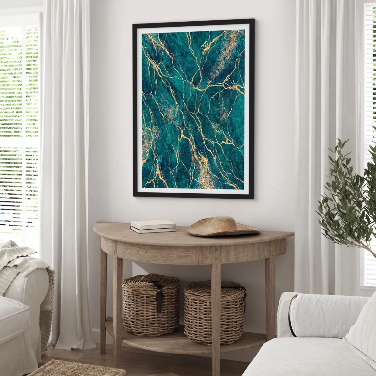 Plagát v čiernom ráme - Abstraktné zlaté žily na zelenom mramorovom pozadí - 50x70cm - Zlatá žila - Moderná nástenná dekorácia do obývacej izby a spálne ARTTOR