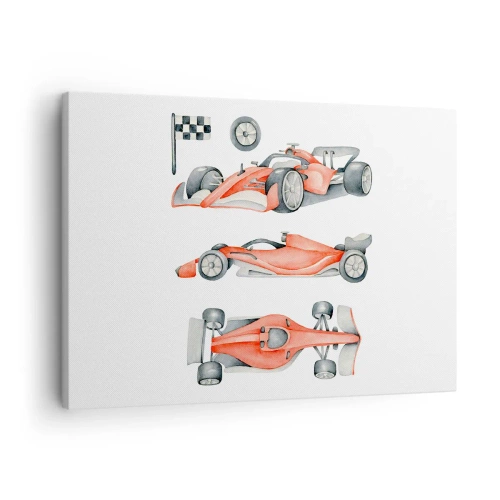 Obraz na plátne - Červené pretekárske auto s kockovanou vlajkou - 70x50cm - Dobehnúť sen - Moderná nástenná dekorácia do obývacej izby a spálne ARTTOR