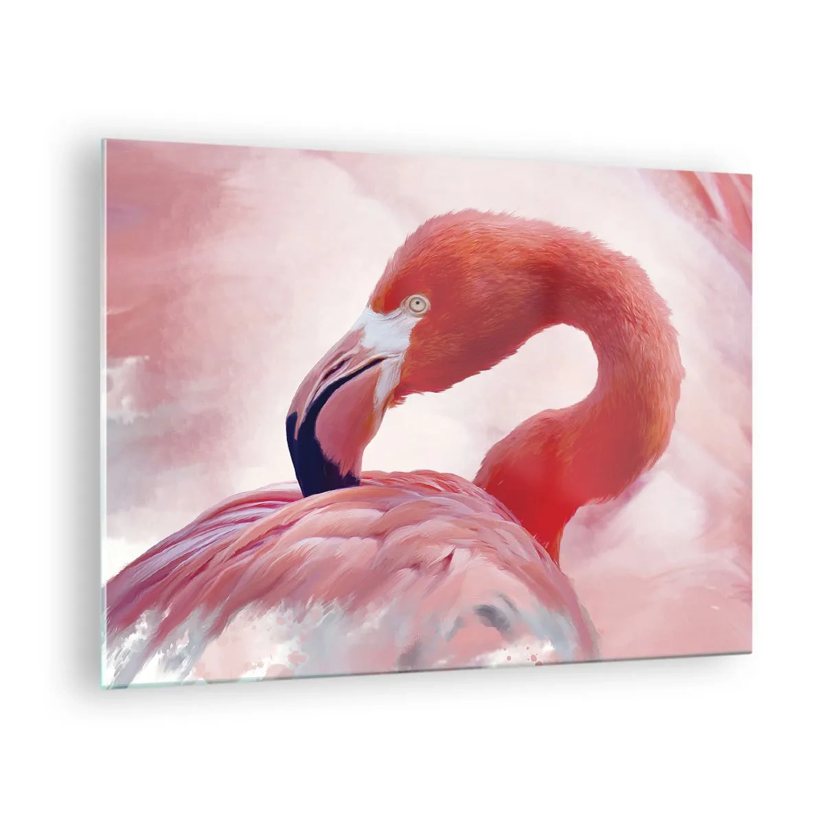 Obraz na skle - Ružový plameniak sa elegantne otáča nabok - 70x50cm - Vtáčia krása - Moderná nástenná dekorácia do obývacej izby a spálne ARTTOR