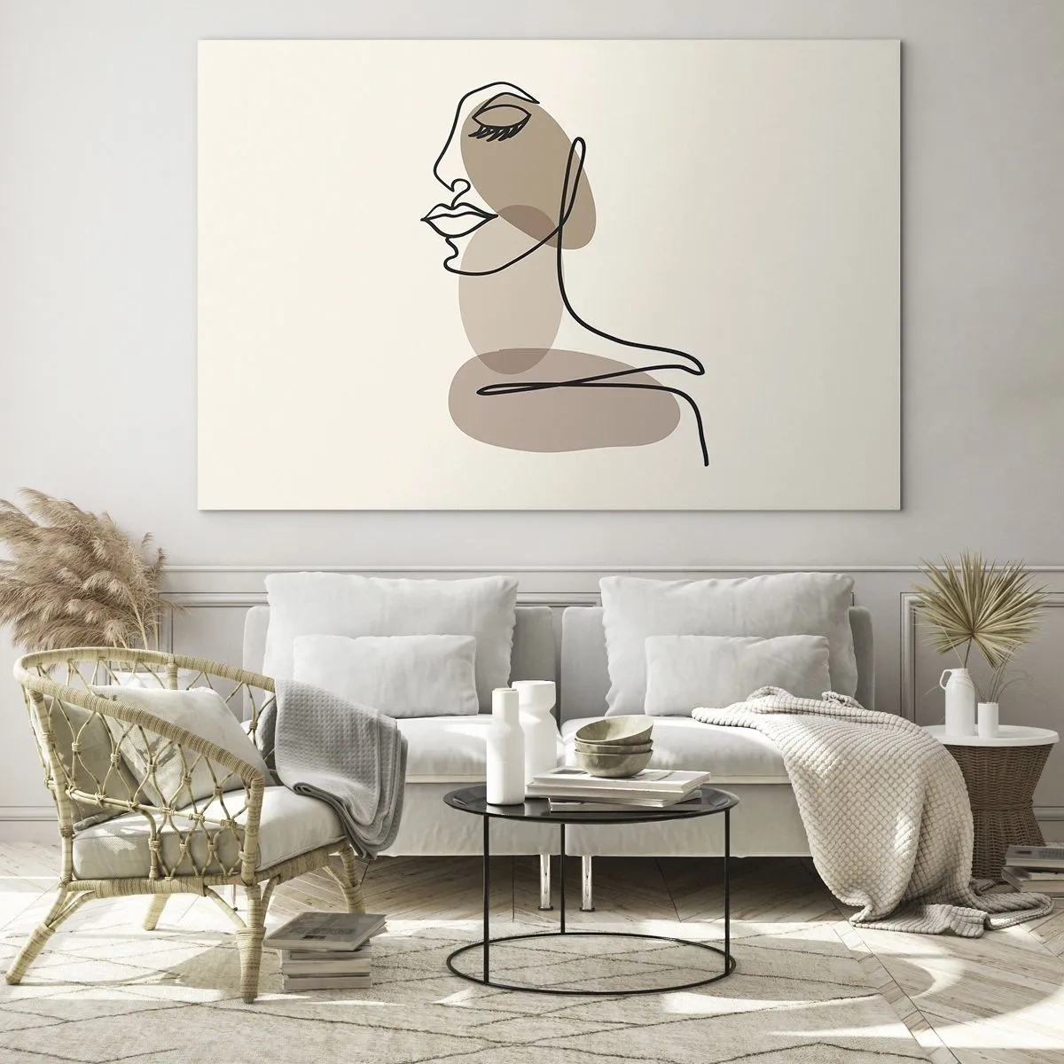 Obraz na skle - Portrét ženskej tváre v minimalistickom, abstraktnom štýle - 70x50cm - Pri počúvaní samého seba - Moderná nástenná dekorácia do obývacej izby a spálne ARTTOR