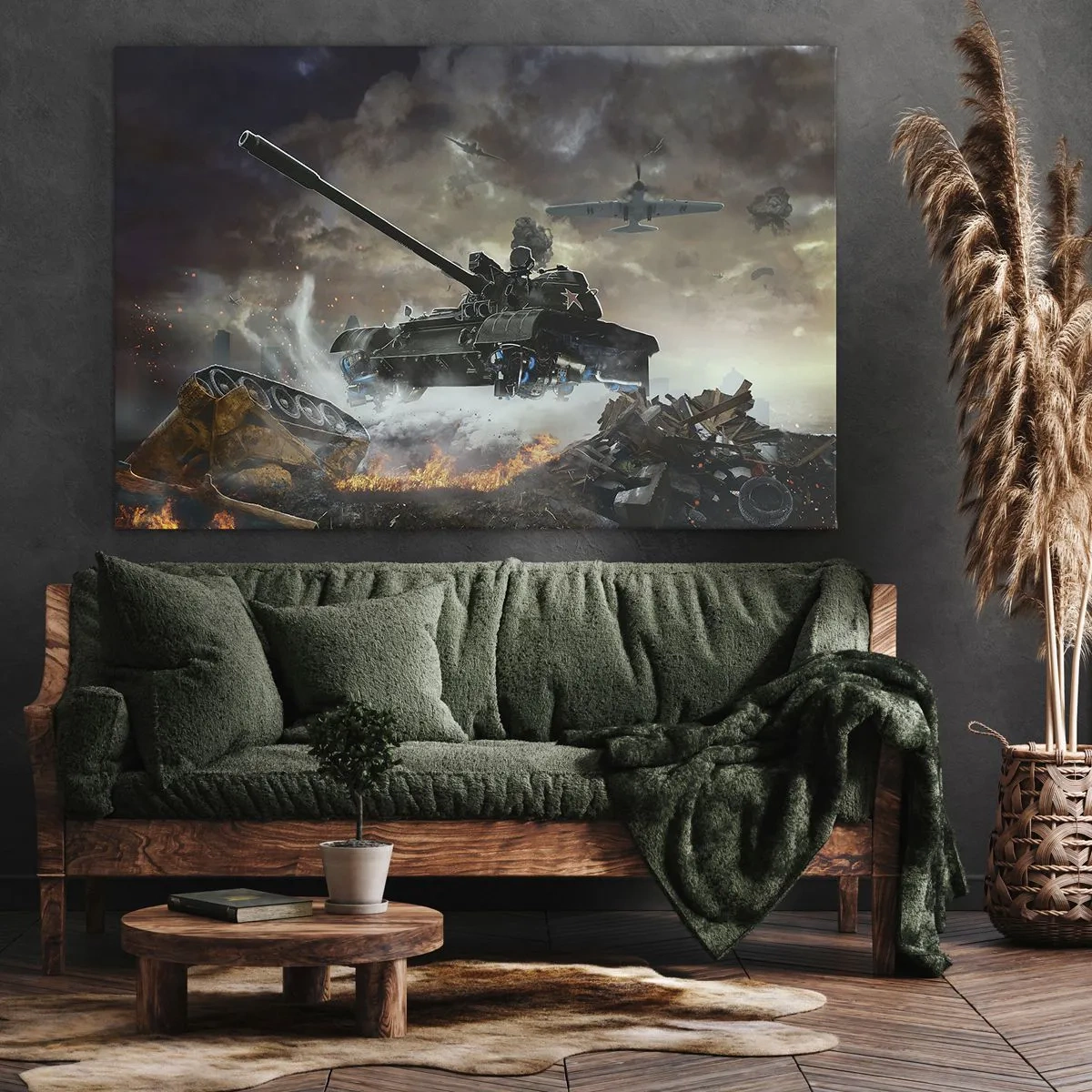 Obraz na plátne - Bojová scéna s tankami a lietadlami v pozadí - 70x50cm - Bitka je hrozná a krásna - Moderná nástenná dekorácia do obývacej izby a spálne ARTTOR