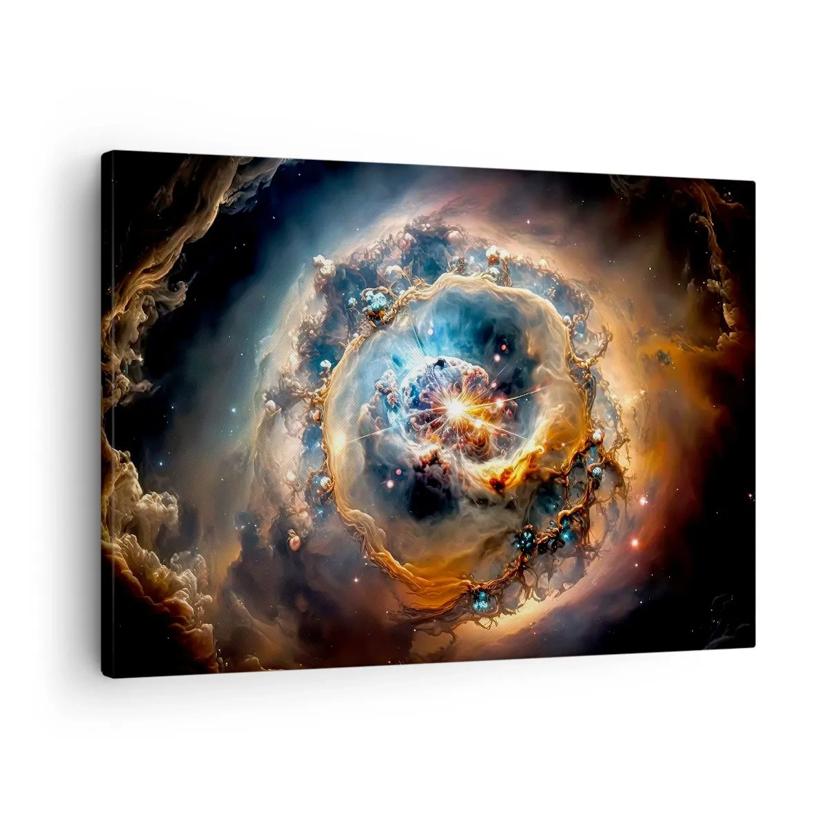 Obraz na plátne - Abstraktná vízia kozmickej explózie v odtieňoch zlatej a modrej. - 70x50cm - Začiatok - Moderná nástenná dekorácia do obývacej izby a spálne ARTTOR