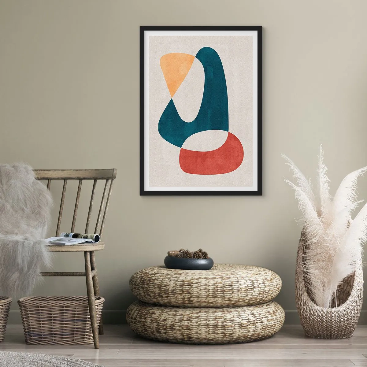 Plagát v čiernom ráme - Abstraktná kompozícia geometrických tvarov v teplých farbách. - 50x70cm - Vplyvy a metamorfózy - Moderná nástenná dekorácia do obývacej izby a spálne ARTTOR