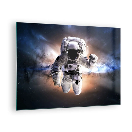 Obraz na skle - Astronaut vo vesmíre s galaxiou v pozadí - 70x50cm - Pozdravy z vesmíru - Moderná nástenná dekorácia do obývacej izby a spálne ARTTOR