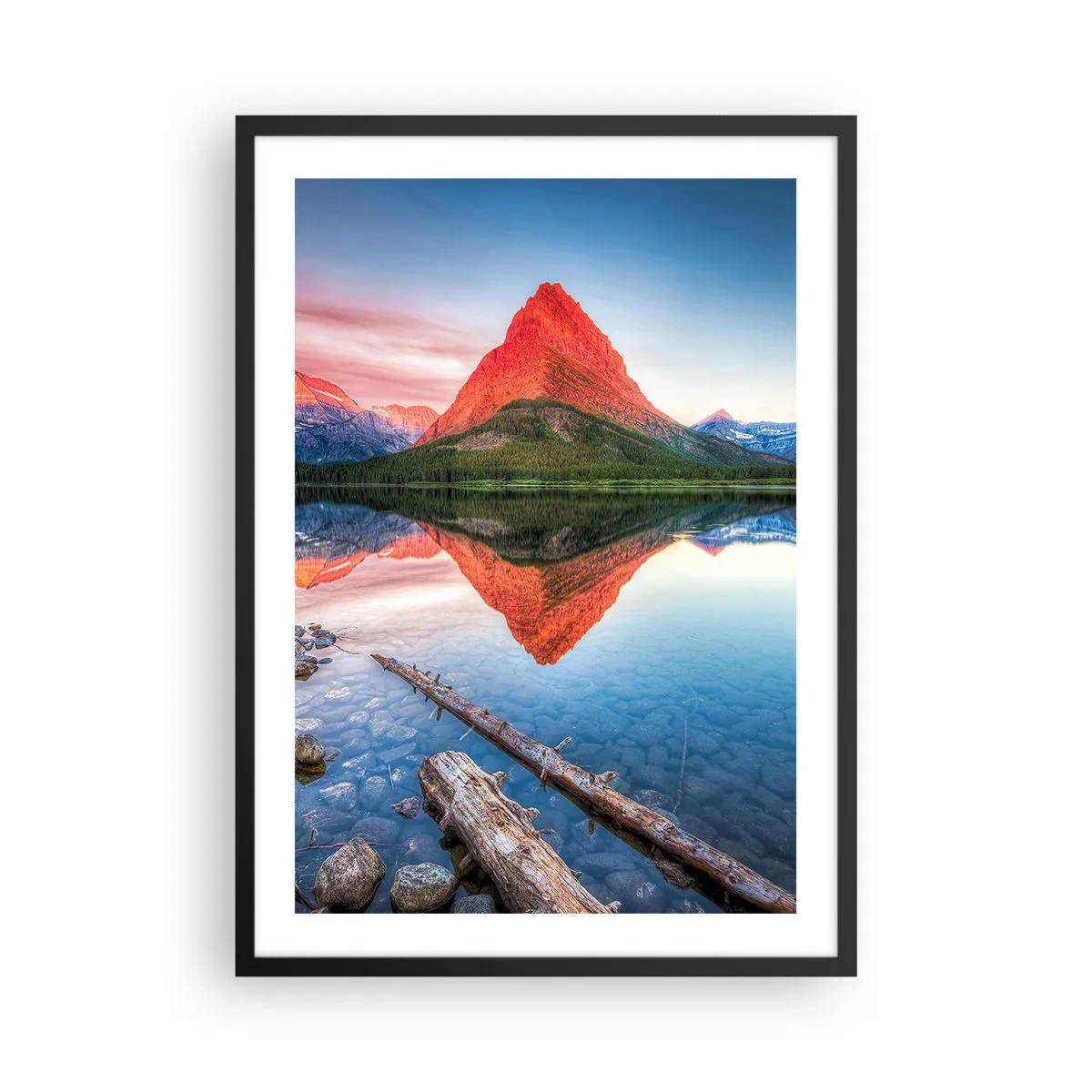 Plagát v čiernom ráme - Hora sa odráža v pokojnom jazere - 50x70cm - Teplo a chlad - Moderná nástenná dekorácia do obývacej izby a spálne ARTTOR