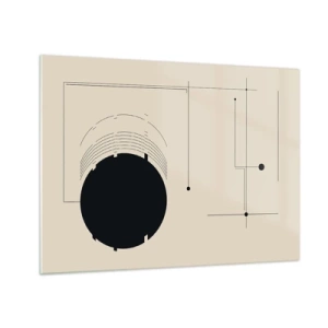 Obraz na skle - Abstraktná kompozícia s čiernym kruhom a geometrickými čiarami - 70x50cm - Pružná a dynamická kompozícia - Moderná nástenná dekorácia do obývacej izby a spálne ARTTOR