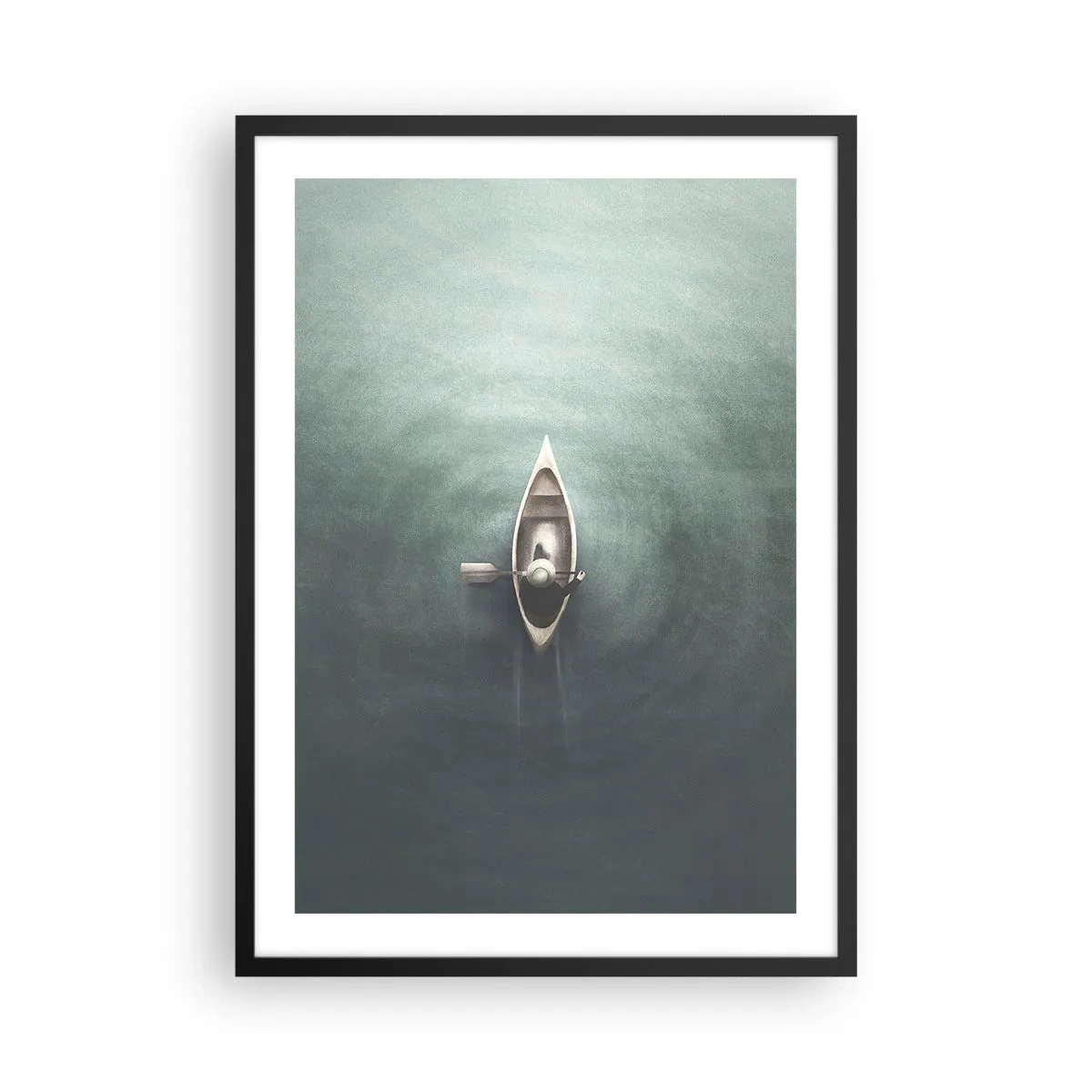 Plagát v čiernom ráme - Pohľad z vtáčej perspektívy na loď plávajúcu na pokojnej vode - 50x70cm - Cez mesačné jazero - Moderná nástenná dekorácia do obývacej izby a spálne ARTTOR