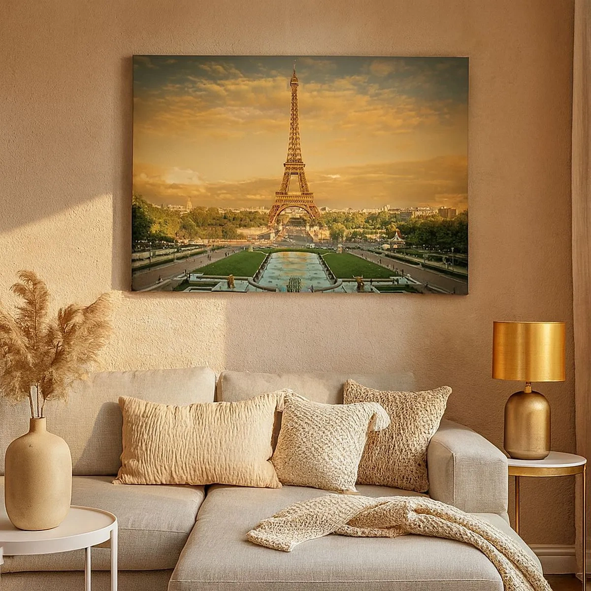 Obraz na plátne - Eiffelova veža v Paríži pri západe slnka - 70x50cm - Kráľovná Paríža - Moderná nástenná dekorácia do obývacej izby a spálne ARTTOR