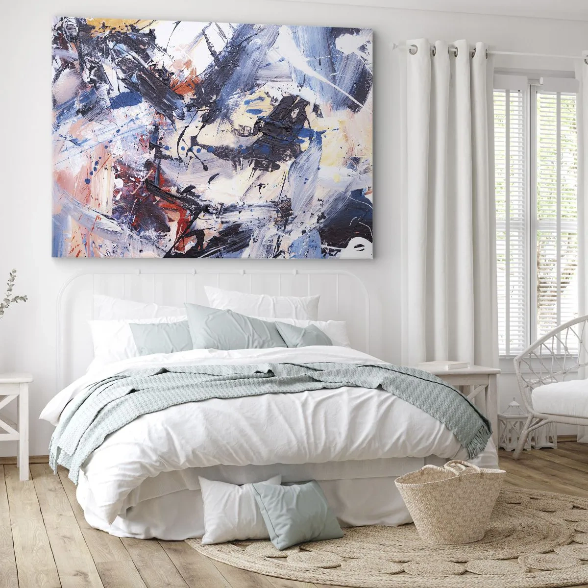 Obraz na plátne - Abstrakcia s dynamickými ťahmi štetcom v modrej a červenej farbe. - 70x50cm - Bláznivý tanec abstrakcie - Moderná nástenná dekorácia do obývacej izby a spálne ARTTOR