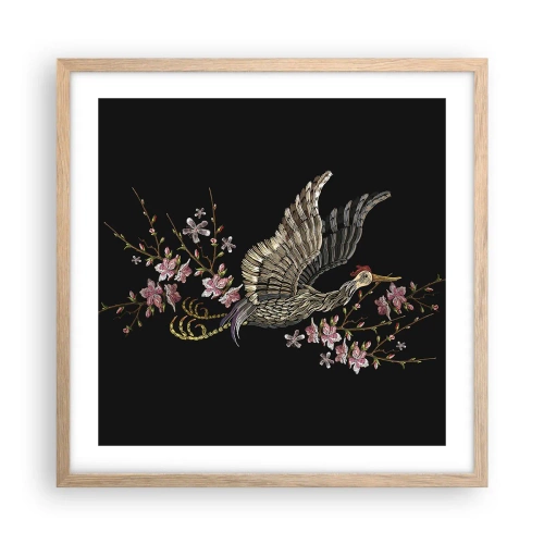 Plagát v ráme zo svetlého duba - Exotický vyšívaný vták - 50x50 cm