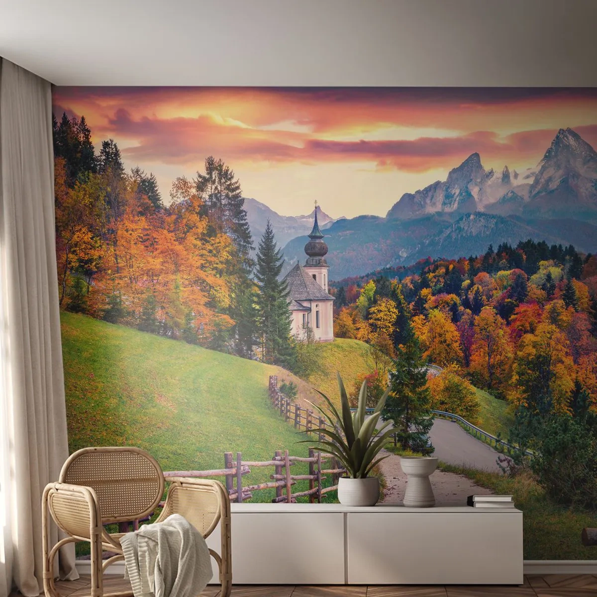 Fototapeta Premium Sand - Úplne ideálna krajina - Horská krajina, Cesta, cirkvi - 100x70 cm