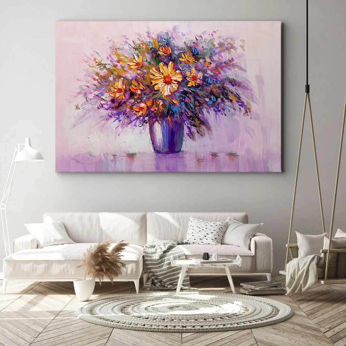 Obraz na plátne - Kytica kvetov vo váze na pastelovom pozadí - 70x50cm - Sladko vonia, sladko vyzerá - Moderná nástenná dekorácia do obývacej izby a spálne ARTTOR