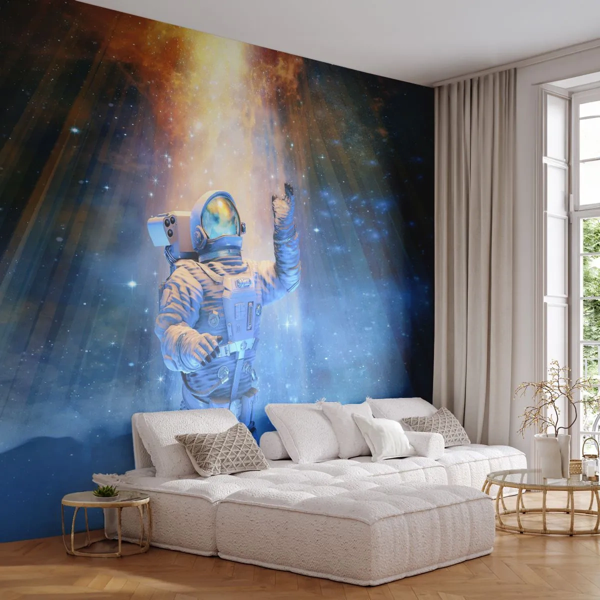 Samolepiaca Fototapeta Deluxe Sticker - Konečne v cieli - Abstrakcia, Astronaut, Kozmos - 250x175 cm