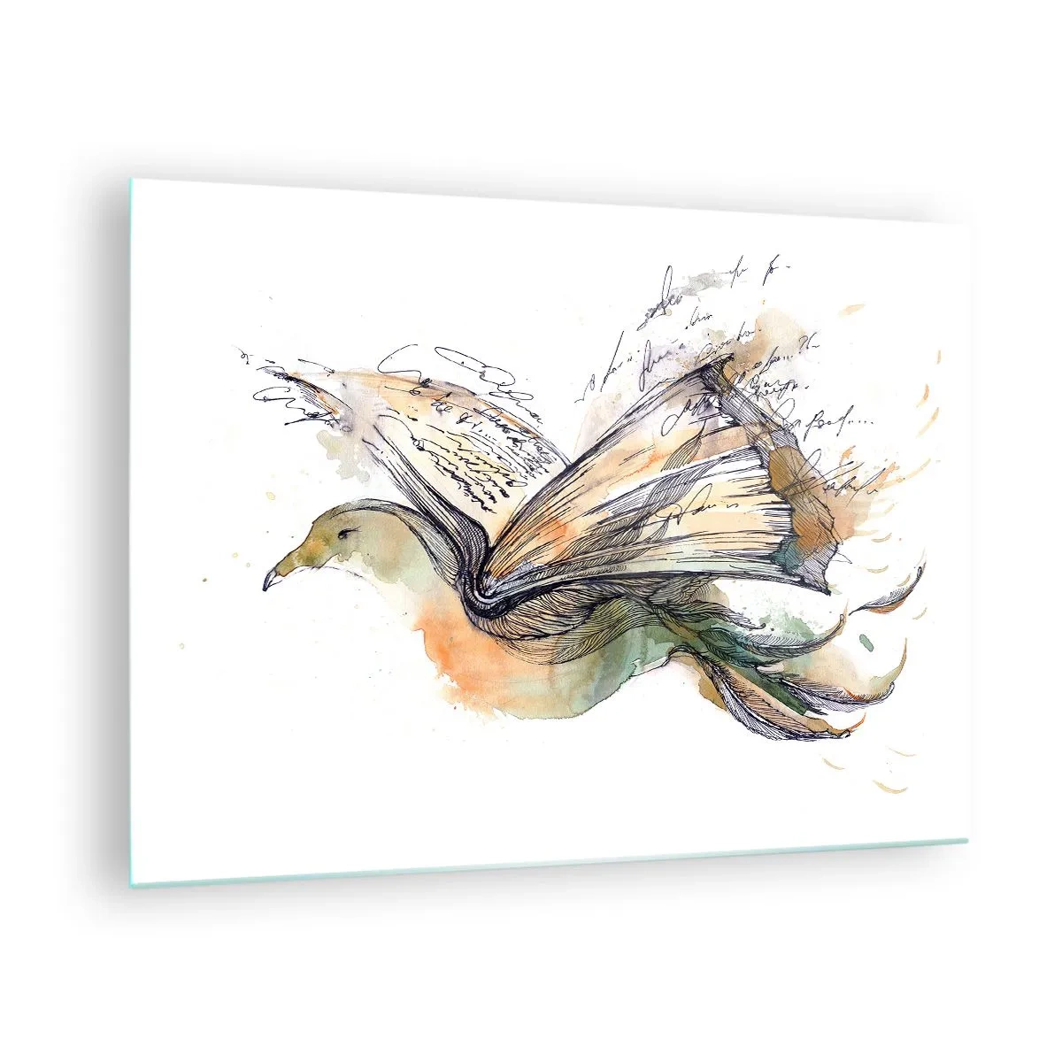 Obraz na skle - Vták z rozvinutej knihy, umelecká metafora pre poznanie - 70x50cm - Na krídlach poézie - Moderná nástenná dekorácia do obývacej izby a spálne ARTTOR