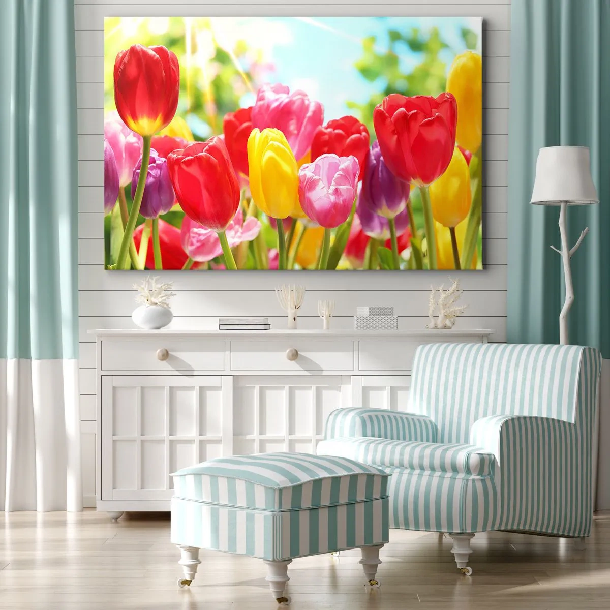 Obraz na plátne - Farebné tulipány v plnom kvete na jarnom pozadí - 70x50cm - To sme my, farby mája! - Moderná nástenná dekorácia do obývacej izby a spálne ARTTOR
