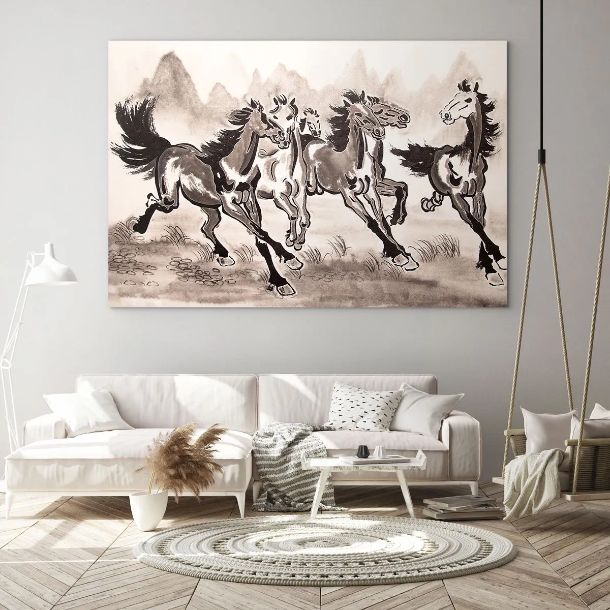 Obraz na skle - Skupina cválajúcich koní v čínskom štýle - 70x50cm - V radostnom cvale - Moderná nástenná dekorácia do obývacej izby a spálne ARTTOR