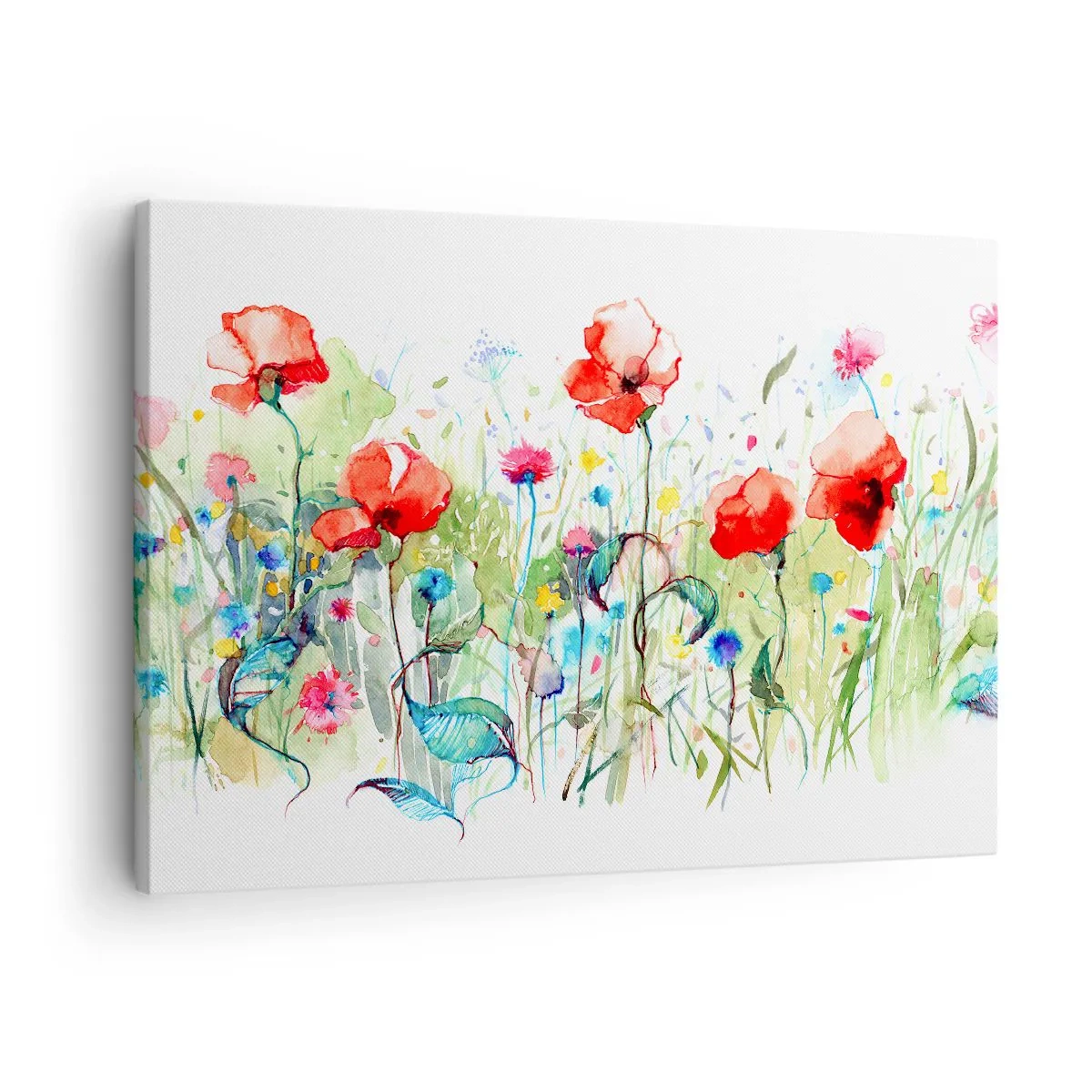 Obraz na plátne - Lúka s červenými makmi a farebnými kvetmi v akvareloch - 70x50cm - Kvitnúca lúka v máji - Moderná nástenná dekorácia do obývacej izby a spálne ARTTOR