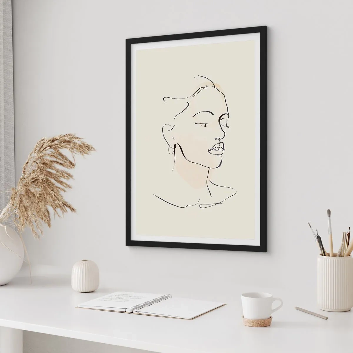 Plagát v čiernom ráme - Portrét ženy v minimalistickom štýle linkovej grafiky - 50x70cm - Výrazným ťahom - Moderná nástenná dekorácia do obývacej izby a spálne ARTTOR