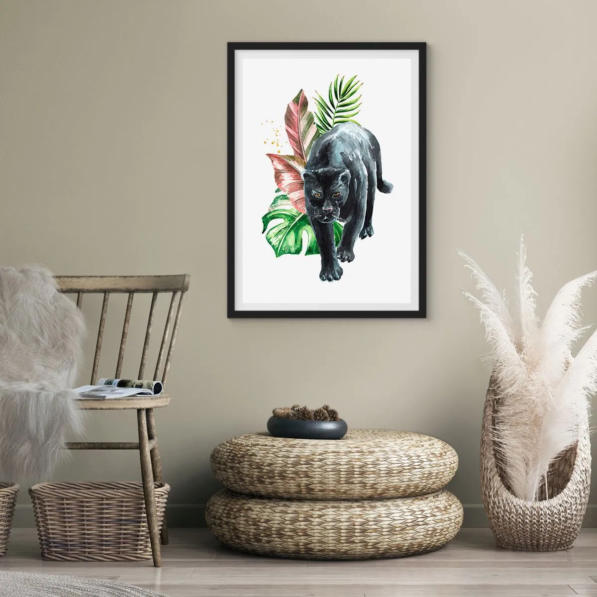 Plagát v čiernom ráme - Čierny panter na pozadí tropických listov - 50x70cm - Divokosť v srdci - Moderná nástenná dekorácia do obývacej izby a spálne ARTTOR