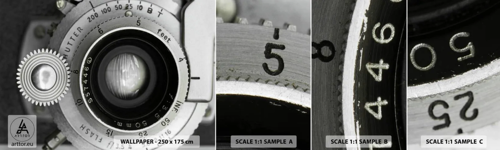 Vzorka samolepiacej fototapety Deluxe Sticker - Príbeh o Hollywoode - fotoaparát, Čierna a biela, Vintage - 100x30 cm