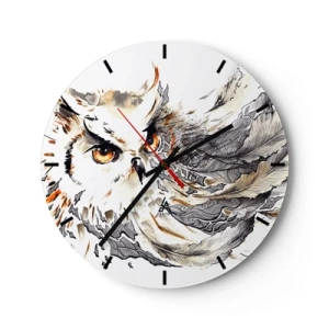 Nástenné hodiny - Sova s intenzívnym pohľadom obklopená umeleckým perím - 30x30cm - Prišla zo sveta kúziel - Moderná nástenná dekorácia do obývacej izby, kuchyne a spálne ARTTOR